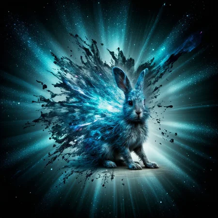 An image of a dystopian jungle at night in Blade Runner style with neon fluorescent dust, a cyberpunk rabbit with reflective skin sits directly centre of image slowly dissolving into space, ral-dissolve.