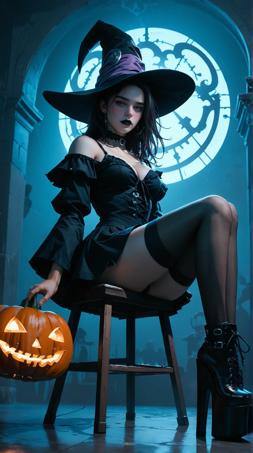 score_9, score_8_up, score_7_up, BREAK, 1 woman, grey background, simple background, wearing reij-bewitched, black dress, black choker, black platform shoes, black stockings, black hat, pumpkin hatdetail <lora:reij-bewitched:1>, modern magician interior, alchemist interior, gothic, night, neon light, dark dimmed light, looks at the viewer, sitting on a seat, from below, reij-drkrt, dark colored shadow, neon details, low contrast, (purple color grading), <lora:reij-darked:0.5>