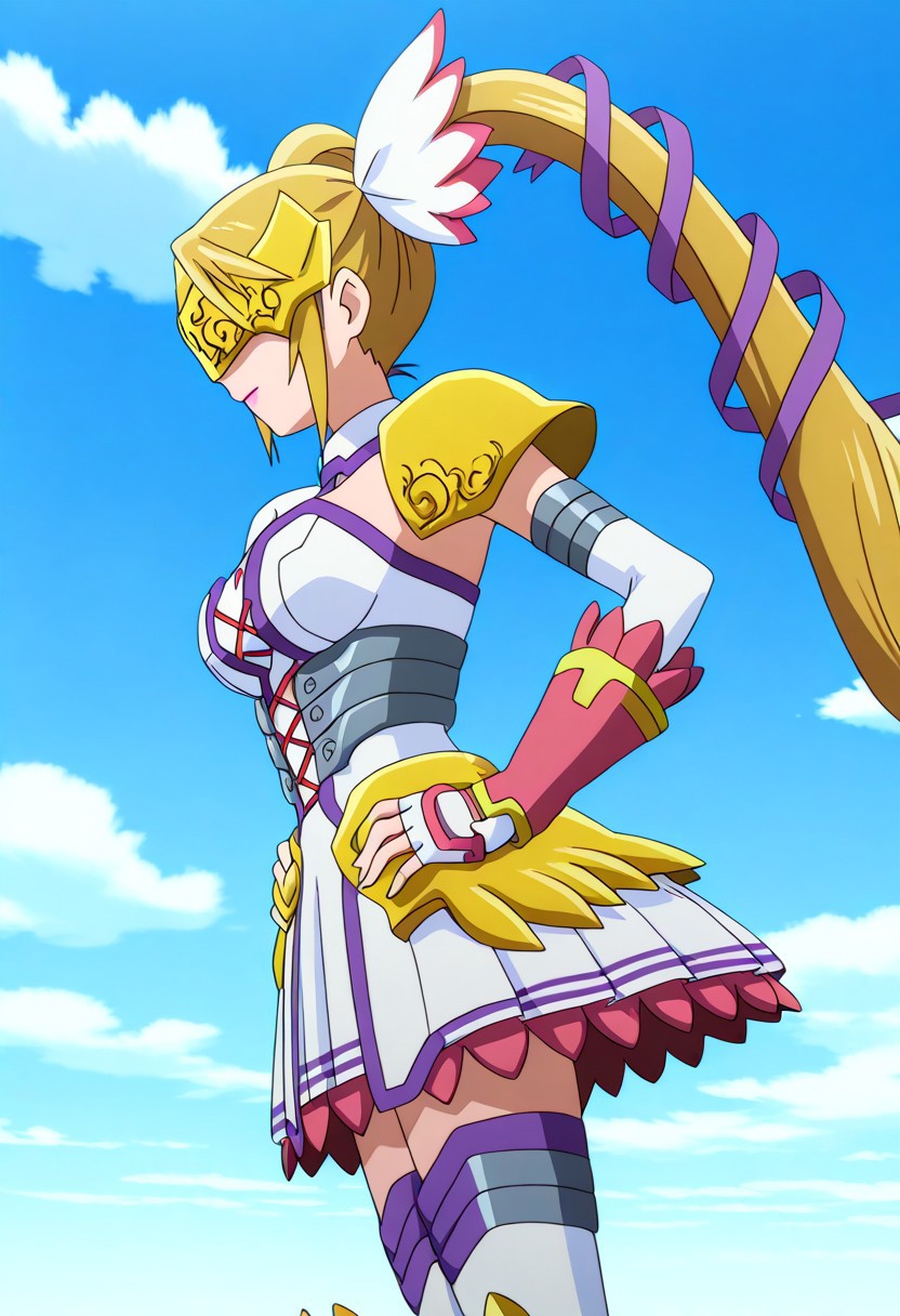 official art, detailed anime, ultra detailed anime art, anime screencap, screencap, score_9, score_8_up, score_7_up, score_6_up, masterpiece, anime coloring, source_anime, 1girl, solo, large breasts, magical girl, blonde hair, pink lips, twintails, digimon \(creature\), gloves, very long hair, armored dress, white dress, fingerless gloves, covered eyes, thighhighs, mask, armoded high thigh boots, shoulder armor, white gloves, elbow gloves, winged mask, mask, cleavage, asymetrical pauldrons, shoulder pads, armored mini skirt, detached collar, white thighhighs, hair ribbon, winged greaves, hair ornament, zettai ryouiki, detached sleeves
BREAK
cowboy shot, side view, from side, standing, hands on hips, generic green meadow, perfect weather, clouds on sky,