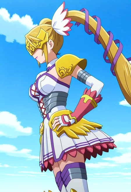 official art, detailed anime, ultra detailed anime art, anime screencap, screencap, score_9, score_8_up, score_7_up, score_6_up, masterpiece, anime coloring, source_anime, 1girl, solo, large breasts, magical girl, blonde hair, pink lips, twintails, digimon \(creature\), gloves, very long hair, armored dress, white dress, fingerless gloves, covered eyes, thighhighs, mask, armoded high thigh boots, shoulder armor, white gloves, elbow gloves, winged mask, mask, cleavage, asymetrical pauldrons, shoulder pads, armored mini skirt, detached collar, white thighhighs, hair ribbon, winged greaves, hair ornament, zettai ryouiki, detached sleeves
BREAK
cowboy shot, side view, from side, standing, hands on hips, generic green meadow, perfect weather, clouds on sky,