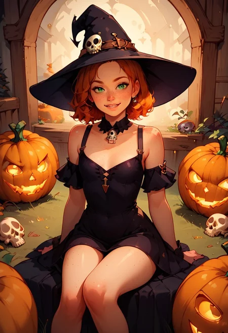 score_9, score_8_up, score_7_up, high quality, 1girl, sitting on a pumpkin, young witch, petite, short black dress, witch hat, adorable face, green eyes, ginger hair, freckles, sfw, happy skull
