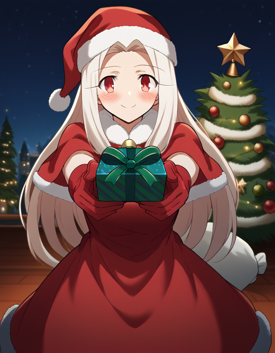 score_9, score_8_up, score_7_up, source_anime, <lora:irisviel-von-einzbern-zero-anime-ponyxl-lora-nochekaiser:1>, irisviel von einzbern, long hair, red eyes, white hair, parted bangs, hair intakes, mature female, medium breasts,, <lora:santa-costume-ponyxl-lora-nochekaiser:1>, santa costume, santa hat, christmas, sack, merry christmas, gift, fur-trimmed headwear, holding sack, santa dress, fur-trimmed dress, christmas tree, christmas tree, fur trim, red capelet, gift box, red gloves, fur-trimmed capelet, santa gloves, red hat, hat,, smile, blush, looking at viewer, <lora:incoming-gift-ponyxl-lora-nochekaiser:1>, incoming gift, outstretched arms, holding, holding gift, gift, gift box,,