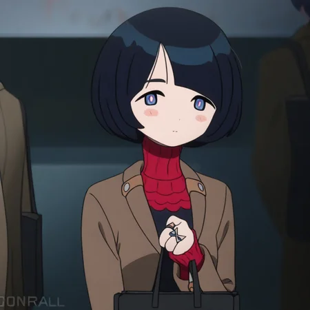 1girl solo , gqux4, blue eyes, black hair, bangs, short hair, bag, jewelry turtleneck ring turtleneck sweatercoat brown jacket brown coat long sleeves,sweater