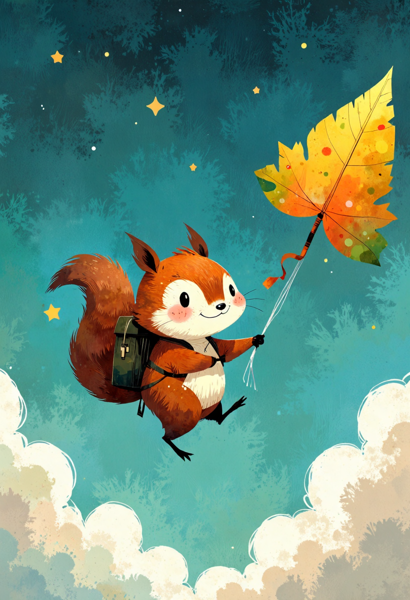 ppstorybook,A friendly squirrel with a tiny backpack, soaring through the sky on a leaf-shaped kite, with a backdrop of fluffy clouds and glowing stars, painted in a whimsical, lighthearted style with bright, playful colors.