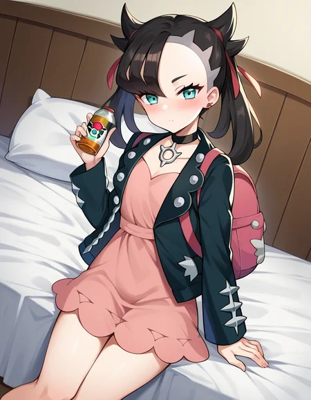 score_9, score_8_up, score_7_up, source_anime,
pokemonmarnie, <lora:pokemon-marnie-ponyxl-lora-nochekaiser:1>
pokemonmarnie, aqua eyes, asymmetrical bangs, asymmetrical hair, black hair, hair ribbon, long hair, red ribbon, ribbon, twintails,
backpack, bag, black choker, black jacket, choker, dress, earrings, jacket, jewelry, long sleeves, open clothes, pink bag, pink dress,
indoors, bed, bed room, on side, blush, drunk,
looking at viewer, cowboy shot, dutch angle,