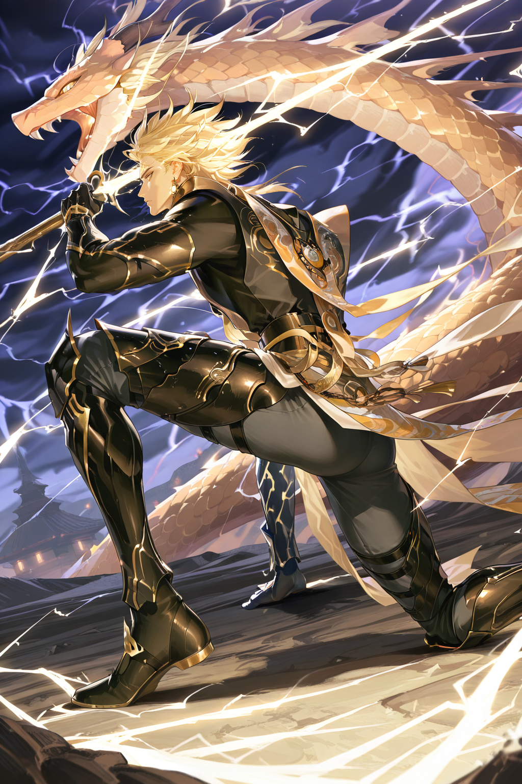 <lora:susanoo-IL:0.8>,susanoo, blonde hair, spiked hair, 1boy, male focus, solo, weapon, on one knee, holding weapon, armor, electricity, holding, dragon, pants, forehead mark,bara,male focus,very awa,masterpiece,best quality,amazing quality,nsfw,uncersored,highres,best quality,amazing quality,best aesthetic,absurdres,