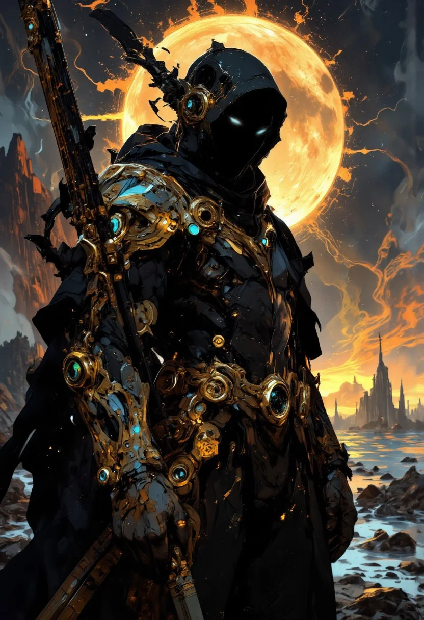 anime art, pscho_4rt, a breathtaking ultra-HD anime-style illustration of a powerful, angelic battle angel alita with black wings standing in a desolate, otherworldly landscape. The cyberpunk warrior is clad in ornate, dark metallic armor with intricate designs, including a prominent chest plate adorned with a blue gemstone. The armor is black with hints of gold, and the helmet has a hood that conceals the face, giving a mysterious, intimidating aura. The warrior holds a long, ornate sword with a golden hilt in his right hand, resting on his shoulder. The background is a serene, twilight scene with a large, glowing sun positioned high in the sky, casting a warm, golden light that contrasts with the dark, ominous atmosphere. The landscape consists of a vast, dark ocean with gentle waves and distant, silhouetted mountains. Small, dark islands or rock formations are scattered across the water. The atmosphere is tranquil yet powerful, evoking a sense of nostalgia and wonder. Highly detailed character, precise silhouette, cinematic lighting, ultra-realistic textures, dreamy and immersive composition, masterpiece.