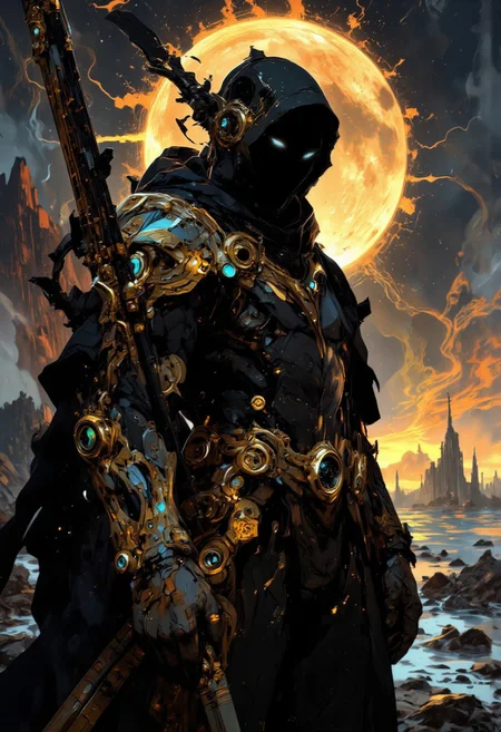 anime art, pscho_4rt, a breathtaking ultra-HD anime-style illustration of a powerful, angelic battle angel alita with black wings standing in a desolate, otherworldly landscape. The cyberpunk warrior is clad in ornate, dark metallic armor with intricate designs, including a prominent chest plate adorned with a blue gemstone. The armor is black with hints of gold, and the helmet has a hood that conceals the face, giving a mysterious, intimidating aura. The warrior holds a long, ornate sword with a golden hilt in his right hand, resting on his shoulder. The background is a serene, twilight scene with a large, glowing sun positioned high in the sky, casting a warm, golden light that contrasts with the dark, ominous atmosphere. The landscape consists of a vast, dark ocean with gentle waves and distant, silhouetted mountains. Small, dark islands or rock formations are scattered across the water. The atmosphere is tranquil yet powerful, evoking a sense of nostalgia and wonder. Highly detailed character, precise silhouette, cinematic lighting, ultra-realistic textures, dreamy and immersive composition, masterpiece.