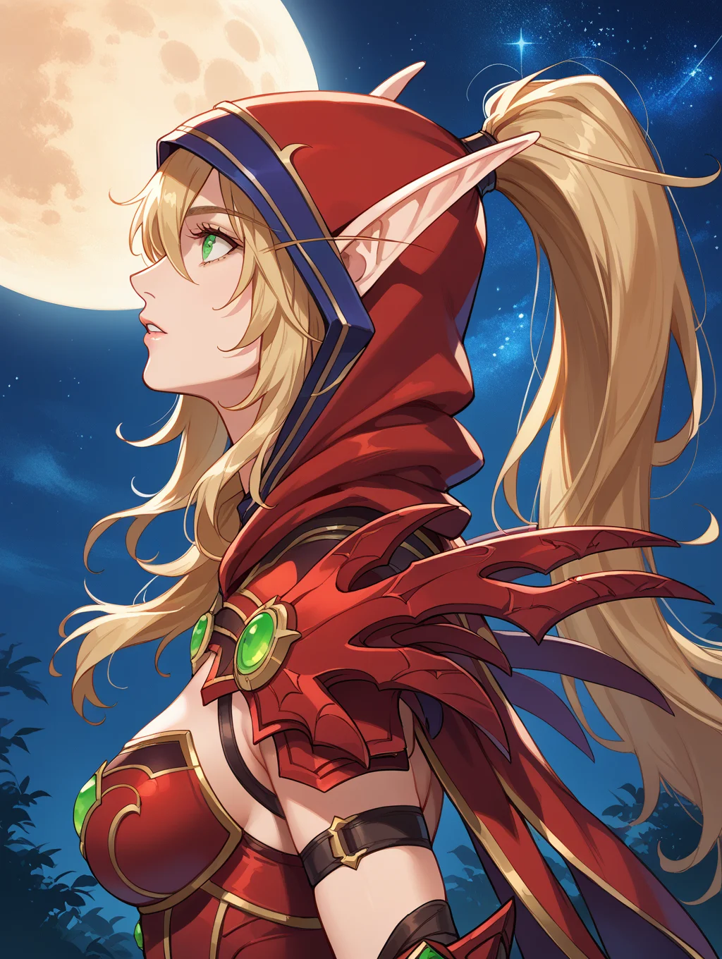 score_9, score_8_up, score_7_up,source_anime,BREAK,
1girl, woman,
valeera_sanguinar, 
long_hair, ponytail, gauntlets, shoulder armor, 
looking to the side, looking up, from side, parted lips, starry sky, portrait, hood up, 
<lora:valeera_sanguinar:1>
night time, shinning moon,
