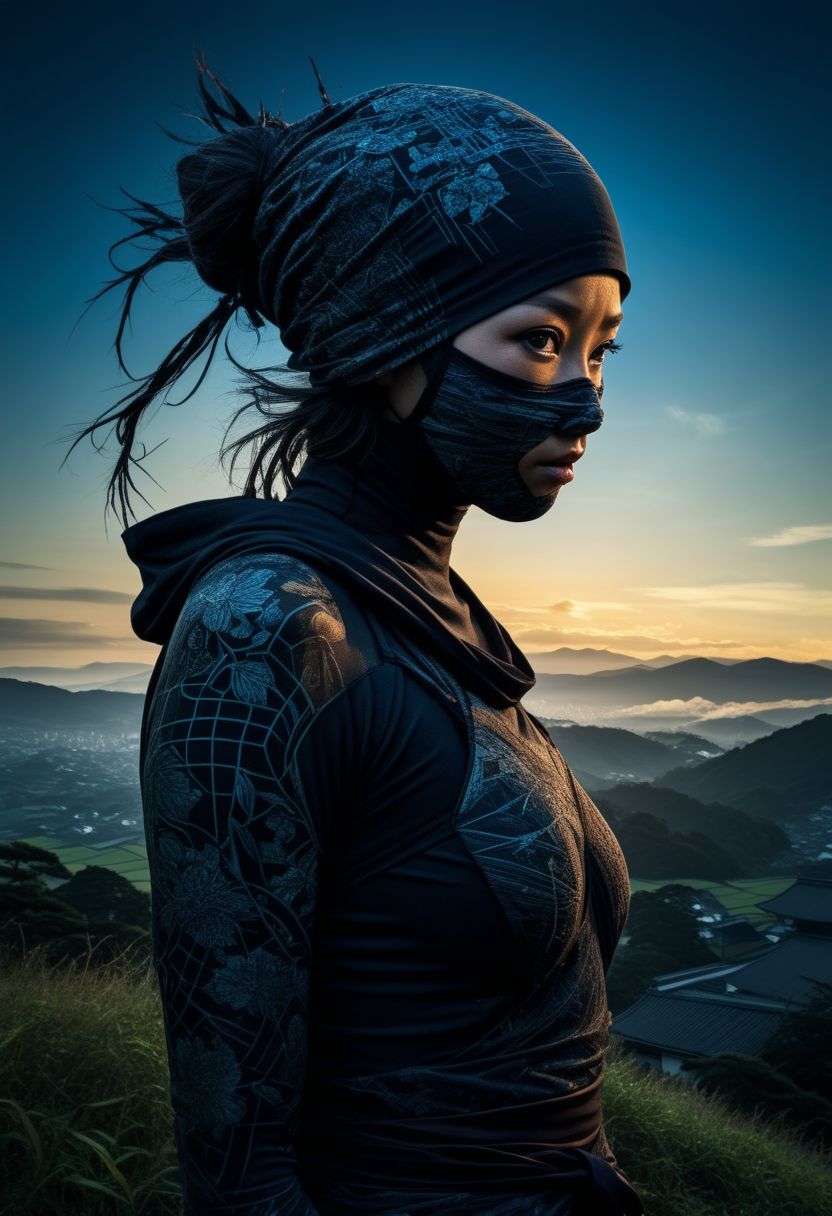 mysterious silhouette ninja woman, rural japan, goddess, alluring, by Minjae Lee, Carne Griffiths, Emily Kell, Steve McCurry, Geoffroy Thoorens, Aaron Horkey, Jordan Grimmer, Greg Rutkowski, amazing depth, double exposure, surreal, geometric patterns, intricately detailed, bokeh,  perfect balanced, deep fine borders, artistic photorealism , smooth,  great masterwork by head of prompt engineering   <lora:add-detail-xl:2>  <lora:Double_Exposure:0.5>
