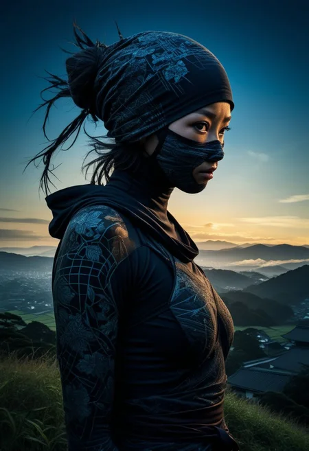 mysterious silhouette ninja woman, rural japan, goddess, alluring, by Minjae Lee, Carne Griffiths, Emily Kell, Steve McCurry, Geoffroy Thoorens, Aaron Horkey, Jordan Grimmer, Greg Rutkowski, amazing depth, double exposure, surreal, geometric patterns, intricately detailed, bokeh, perfect balanced, deep fine borders, artistic photorealism , smooth, great masterwork by head of prompt engineering <lora:add-detail-xl:2> <lora:Double_Exposure:0.5>