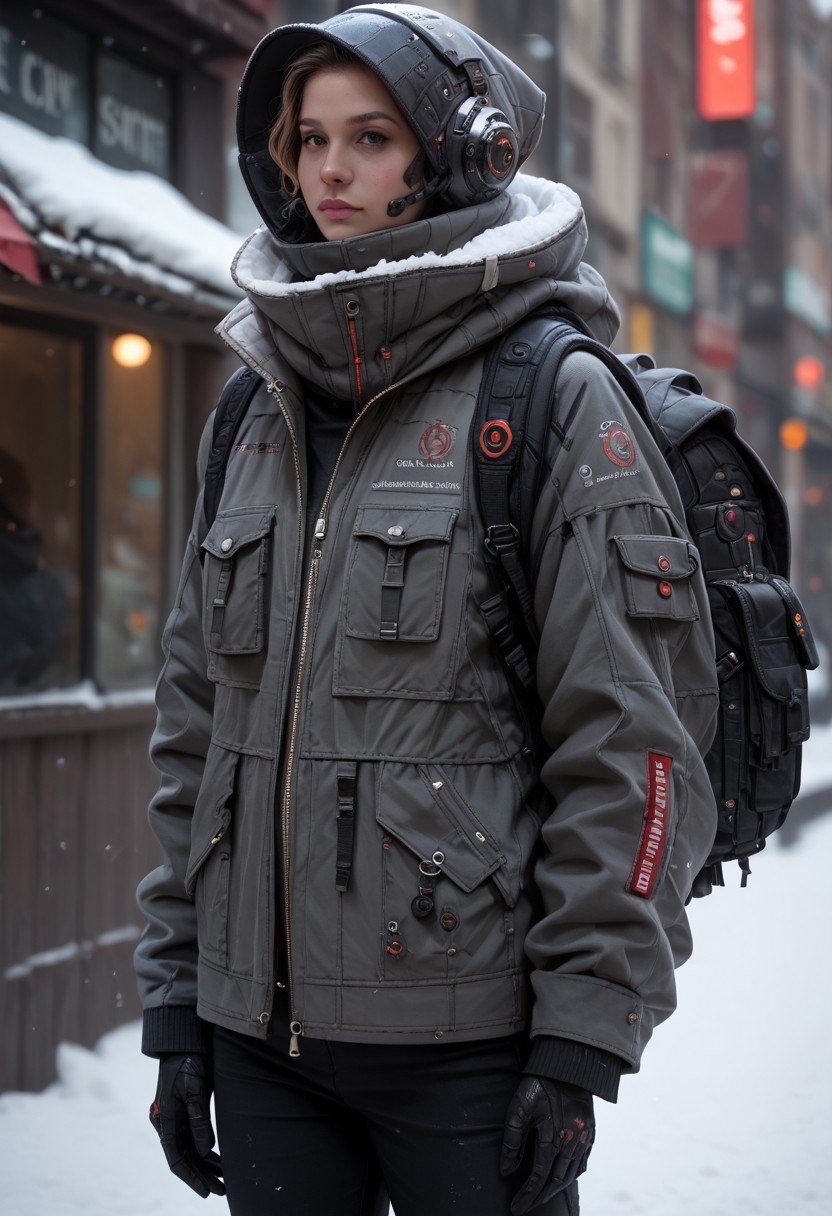 score_9, score_8_up, score_7_up, score_6_up, score_5_up, score_4_up, source_photo, source_real, cowboy shot, full body, snow, techwear, solo, gloves, long_sleeves, standing, jacket, pants, hood, bag, blurry, no_humans, blurry_background, backpack, helmet, robot, mecha, 1other, zipper, science_fiction, realistic, humanoid_robot, Vivid Colors, high Contrast,