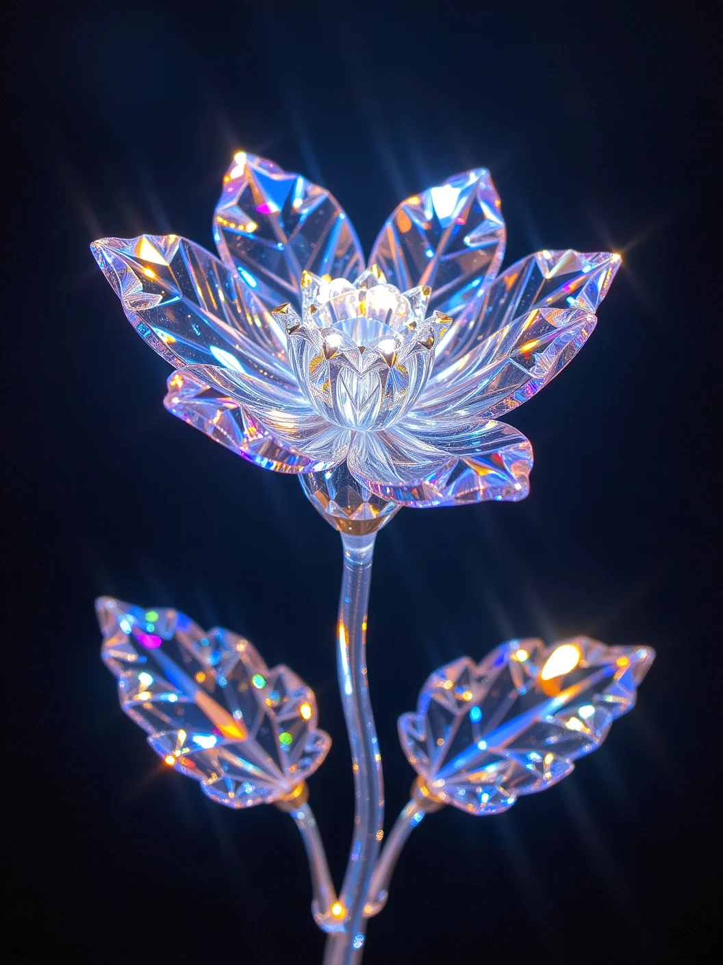 Flower crafted from diamonds, petals sharp and gleaming, each cut reflecting light in radiant bursts. The stem and leaves also carved from sparkling crystal, glittering under soft, ambient lighting. The petals catch every angle of light, creating a dazzling array of colors. Dark, contrasting background, emphasizing the radiant glow of the diamond flower, opulent and ethereal.