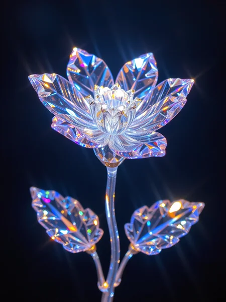 Flower crafted from diamonds, petals sharp and gleaming, each cut reflecting light in radiant bursts. The stem and leaves also carved from sparkling crystal, glittering under soft, ambient lighting. The petals catch every angle of light, creating a dazzling array of colors. Dark, contrasting background, emphasizing the radiant glow of the diamond flower, opulent and ethereal.