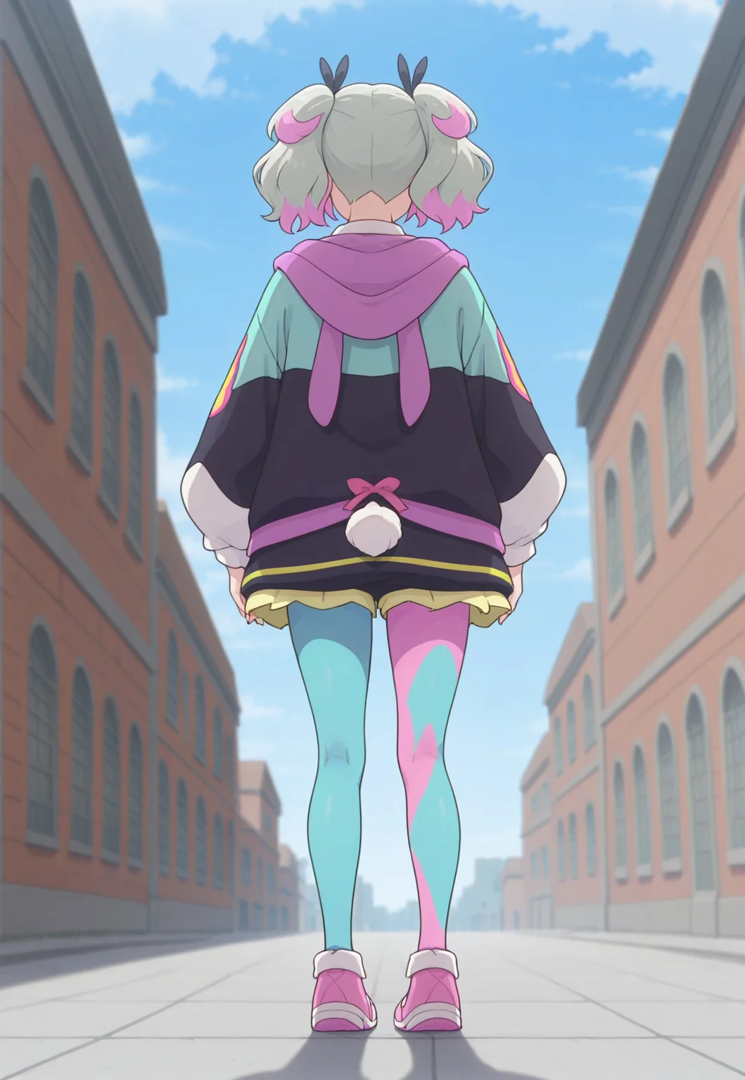 masterpiece,best quality,amazing quality, Pr3me, Multicolored Hair, Multicolored Eyes, Multicolored Jacket, Collared Shirt, Multicolored Pantyhose, Pink Footwear, standing, from behind, daytime, rabbit tail