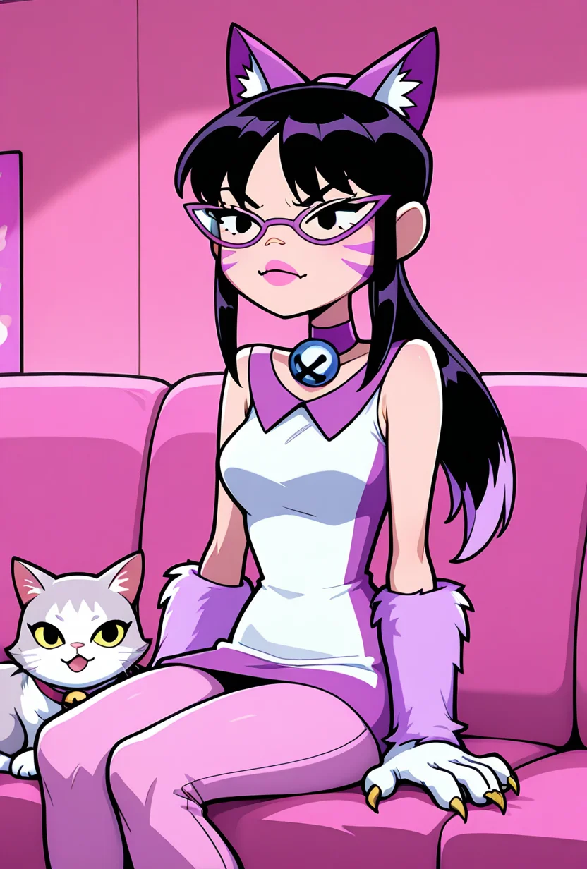 <lora:nyancychan-10:1> nyancychan, black hair, 1girl, long hair, cat ears, purple glasses,  claws, gloves, neck bell, purple choker, whisker markings, ponytail, pink pants, short dress, sleeveless, sharp canines, pink lipstick, expressive, facial expression,(( cartoon, screencap)), pink theme, sitting on couch, cat lady, stressed, eyebags, cats everywhere, sofa, crazy cat lady, messy hair,, masterpiece, best quality, amazing quality, very aesthetic, absurdres, newest,