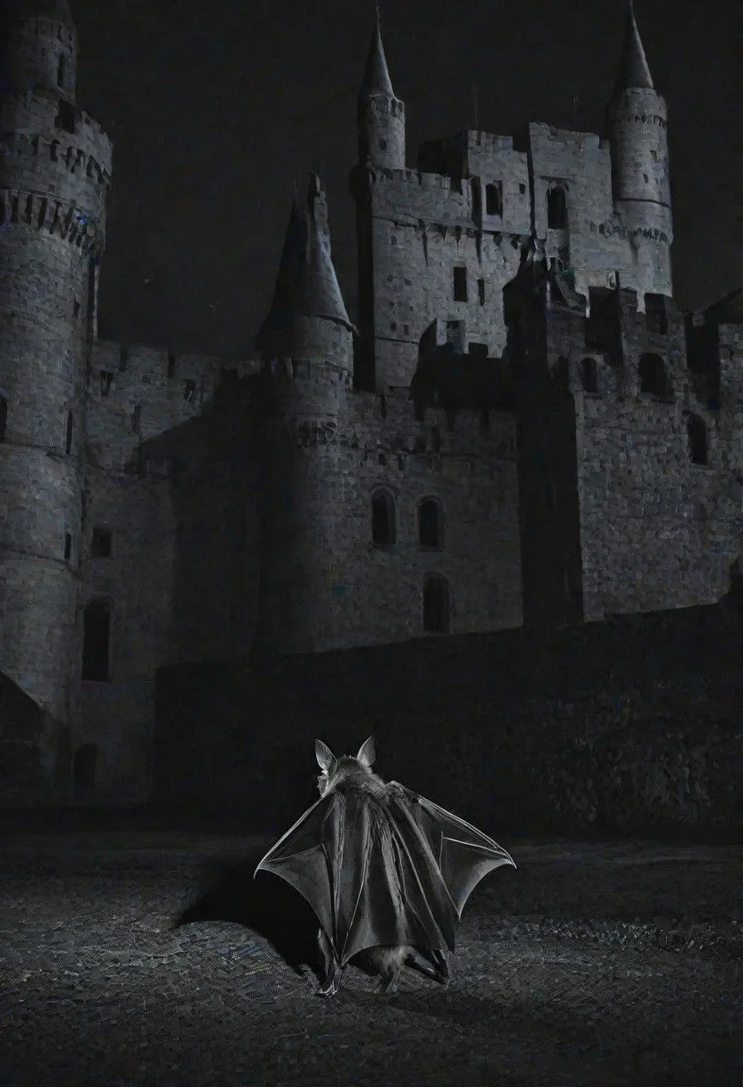 bat walking around a castle at night