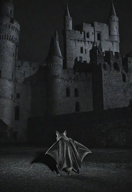 bat walking around a castle at night