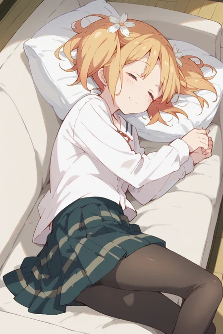 score_9, score_8_up, score_7_up, score_6_up,
<lora:Yuu_Sonoda:1> yuu, 1girl, solo, hair flower, hair ornament, flower, pantyhose, closed eyes, blonde hair, couch, smile, twintails, lying, skirt, sleeping, on side