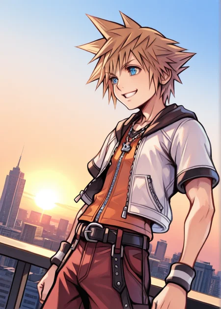 tetsuyaxd,
masterpiece, best quality, amazing quality, very aesthetic, absurdres, newest, detailed background, upper body, outdoors, sunset, city, sky, dynamic angle,
1boy, male focus, blue eyes, solo, spiked hair, smile, jewelry, white background, blonde hair, jacket, short sleeves, wristband, necklace, simple background, zipper, grin, belt, pants, brown hair, white jacket,
<lora:Tetsuya_Nomura_Style:1>
