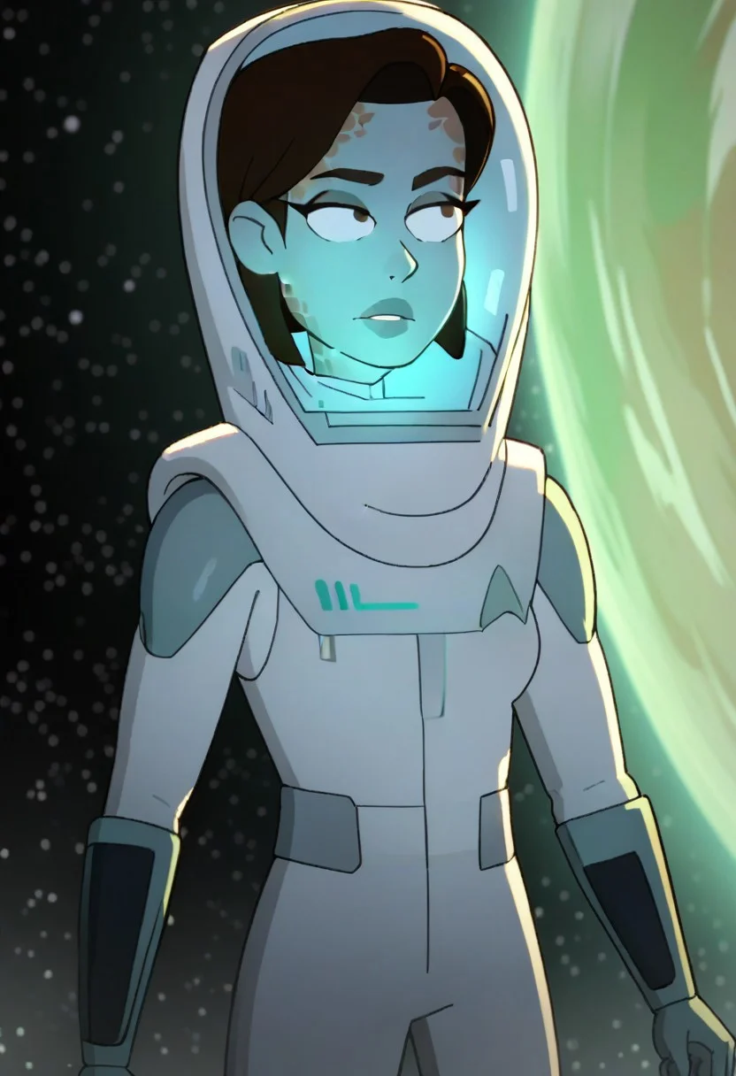 score_9, score_8_up, score_7_up, 1girl, solo, Barnes, trill birthmarks, short hair, brown hair, space suit, blue skin, star trek background