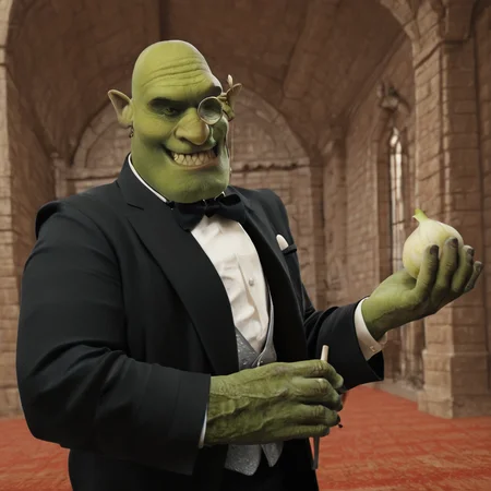 sfw, masterpiece, best quality,absurderes,photo,realistic,source_photo,indoors,castle,shrek,green skin,upper body,tuxedo,monocle,holding onion,grin,<lora:Reallustrious_Beta2:0.8>