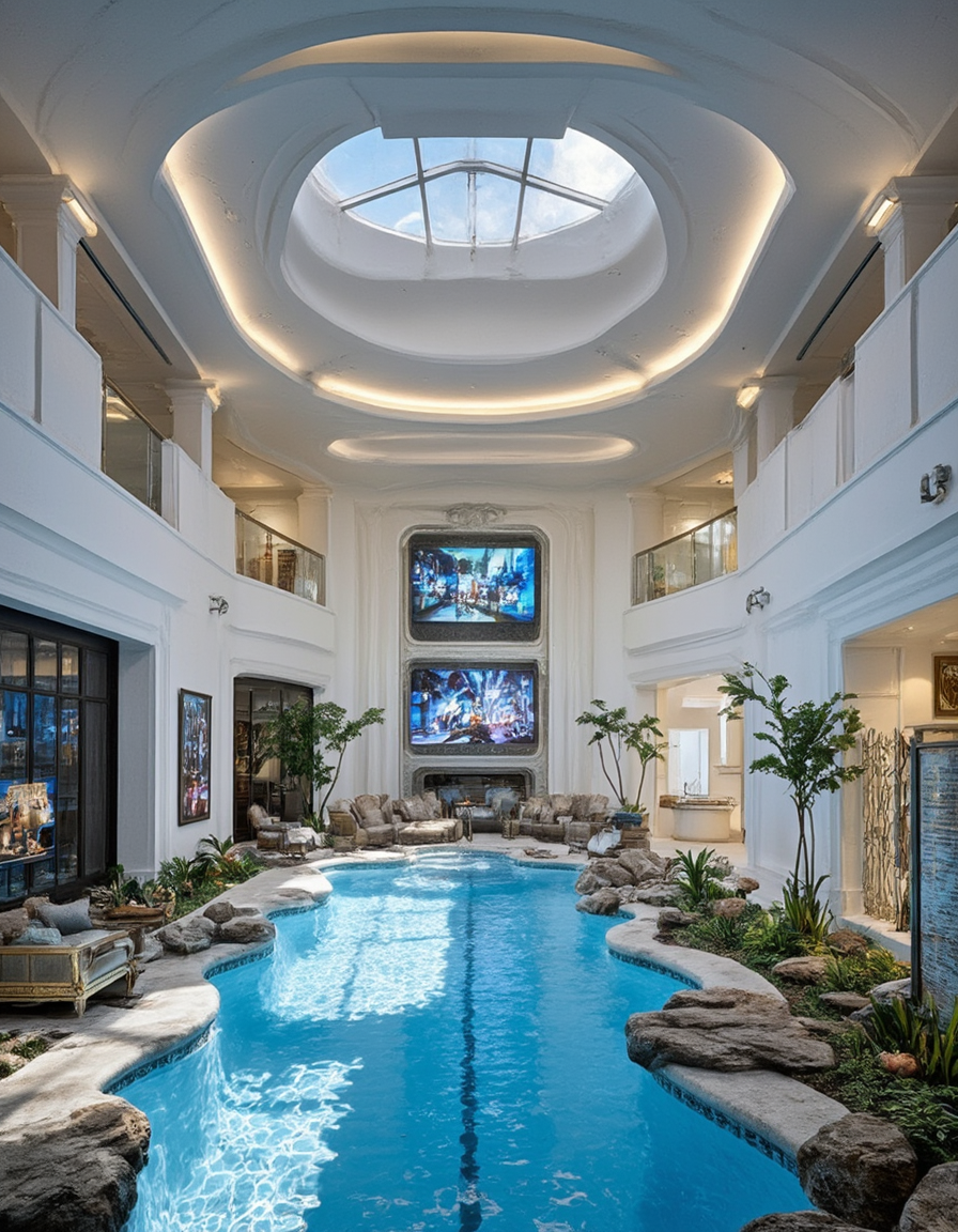 <lora:Home_R01fluxb:1> homer01, photo of a living room and pool, curved design, advanced computer screens, grand ceiling, sophisticated interior, neon lights, classical elegance, glass ceiling, baroque elegance, industrial style, white walls, suunny day, vegetation, rocks,