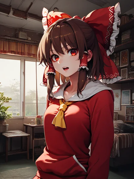 score_9, score_8_up, score_7_up, score_6_up,
source_anime,
1girl, hakurei reimu, touhou, looking at viewer, 
indoors, room, brown hair, red eyes, open mouth,
hood,
<lora:youForgotToTakeYourPills_v2:0.9> animeirl, <lora:Worldly_XL:1>