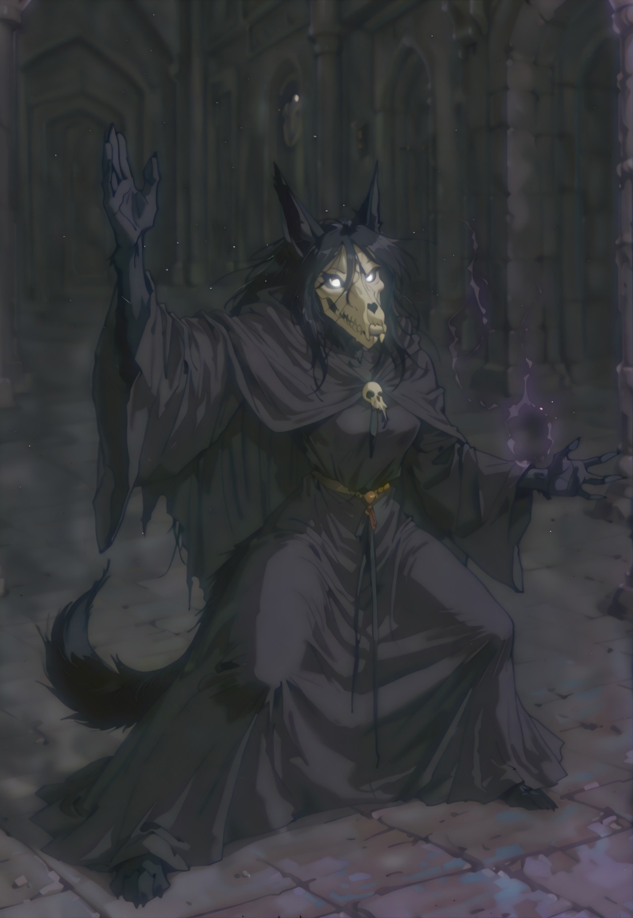 rolstyle, MaloSCP, anthro furry, furry female, body fur, black fur, head skull, white eyes, glowing eyes, black sclera, black hair, long hair, hair between eyes, animal ears, black tail, scp-1471, scp-1471-a, mal01471, black fur, canine skull, 1girl, solo, wizard, magic, robe, cloak, hood, fighting stance, dynamic pose, masterpiece, detailed, high quality, retro anime, kftenhance,