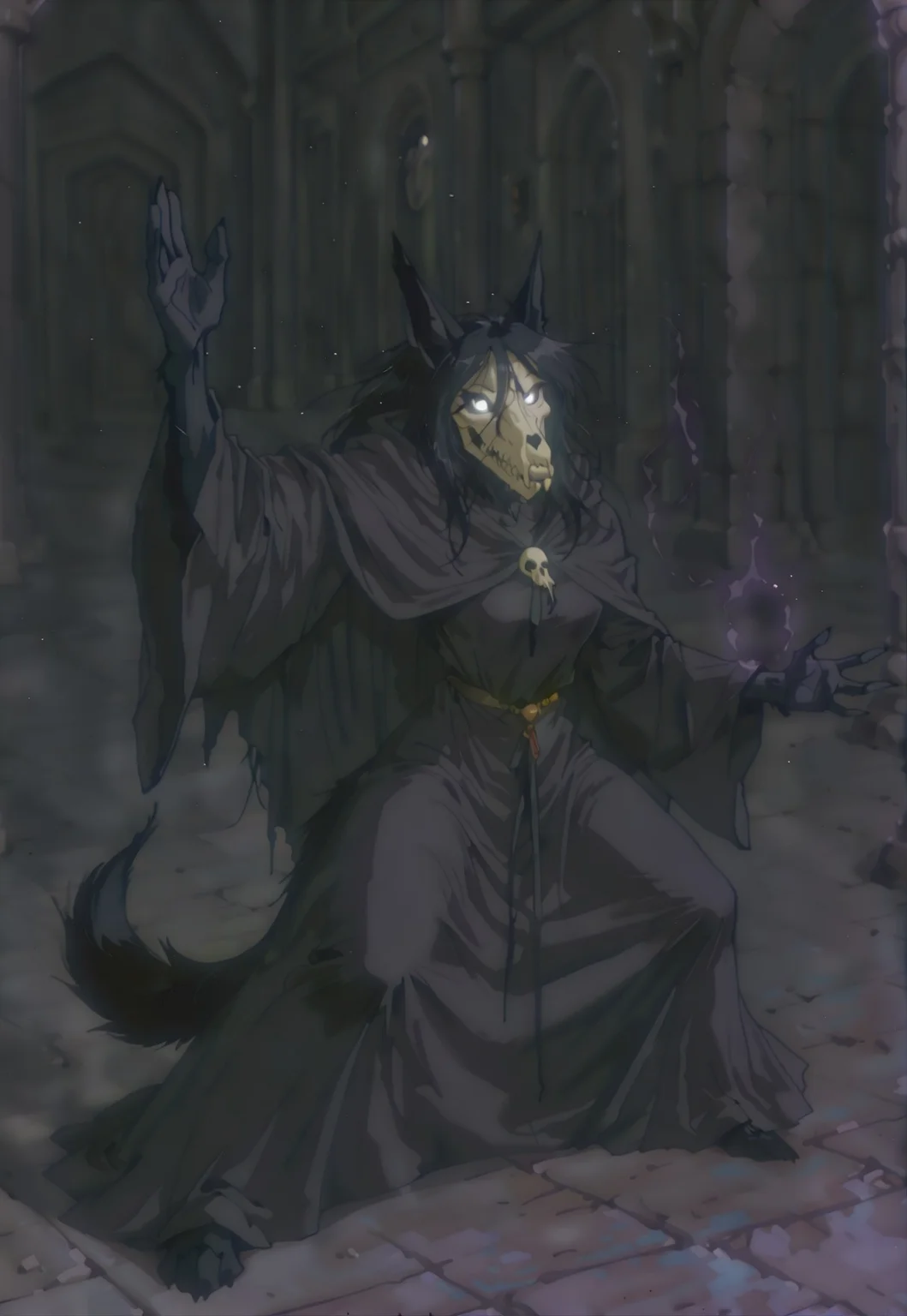rolstyle, MaloSCP, anthro furry, furry female, body fur, black fur, head skull, white eyes, glowing eyes, black sclera, black hair, long hair, hair between eyes, animal ears, black tail, scp-1471, scp-1471-a, mal01471, black fur, canine skull, 1girl, solo, wizard, magic, robe, cloak, hood, fighting stance, dynamic pose, masterpiece, detailed, high quality, retro anime, kftenhance,