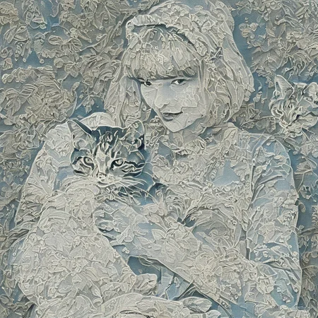 <lora:SDXL_lace_drawing_Sa_May_V3:1> lace drawing a woman with cat