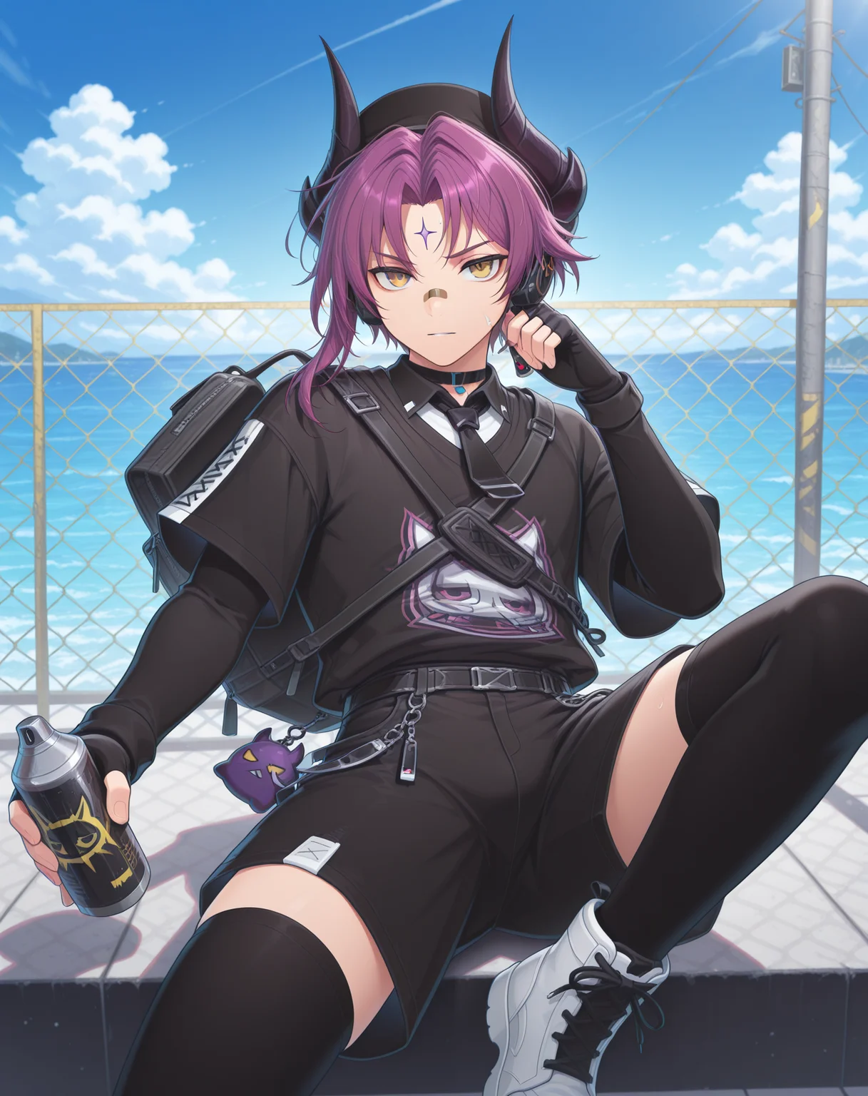 masterpiece, amazing quality, best quality, absurdres, very aesthetic,
1boy, solo, yaoi, male focus, cowboy shot, upper body, looking at viewer, face focus,
<lora:Veigas_T_Hidden_Street_ilxl:1> veigaststreet, black horns, purple hair, yellow eyes, bandaid on nose, bandaid on face, forehead mark, eyebrow piercing, parted bangs,short hair with long locks, asymmetrical hair, demon horns,
white shirt, layered sleeves, short sleeves, black shirt, short over long sleeves, collared shirt, fingerless gloves,torn clothes, choker, cross-laced footwear, black headwear, hat, black gloves,
black shorts, black thighhighs, shoes,black footwear,sneakers,boots, white footwear,
holding can, charm (object), headphones, holding bottle, water bottle, spray can, bag charm, backpack, black bag,
outdoors, day, blue sky,