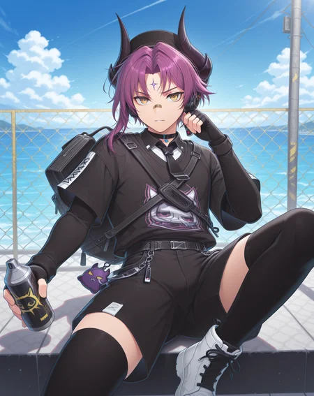 masterpiece, amazing quality, best quality, absurdres, very aesthetic,
1boy, solo, yaoi, male focus, cowboy shot, upper body, looking at viewer, face focus,
<lora:Veigas_T_Hidden_Street_ilxl:1> veigaststreet, black horns, purple hair, yellow eyes, bandaid on nose, bandaid on face, forehead mark, eyebrow piercing, parted bangs,short hair with long locks, asymmetrical hair, demon horns,
white shirt, layered sleeves, short sleeves, black shirt, short over long sleeves, collared shirt, fingerless gloves,torn clothes, choker, cross-laced footwear, black headwear, hat, black gloves,
black shorts, black thighhighs, shoes,black footwear,sneakers,boots, white footwear,
holding can, charm (object), headphones, holding bottle, water bottle, spray can, bag charm, backpack, black bag,
outdoors, day, blue sky,