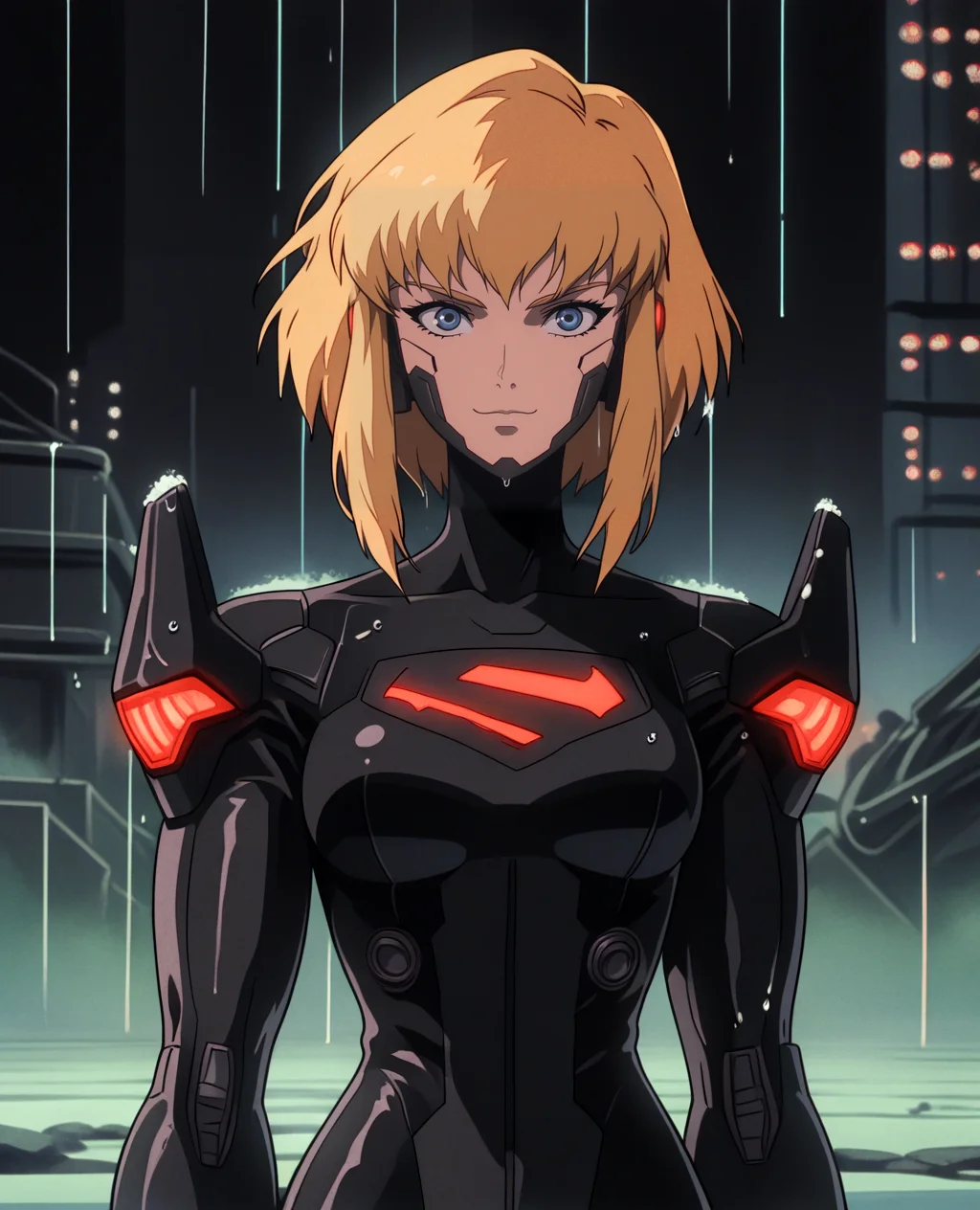 1girl, solo, warm skin color, blonde hair, superkara, short hair, bodysuit, sidelocks, blue eyes, pilot suit, wide hips, narrow waist, science fiction, breasts, big breasts, mechanical parts, looking at viewer, upper body, android, black hair, dark theme, glow, neon, neon city background, wet, rain, night, smile, cyberpunk art, neogeo, saturated, high contrast, halftone effect, (sharp edges, sharp outlines), cel shading, source_anime, <lora:RetroAnimeRedux_epoch_10:1> <lora:KaraSuper:.8> <lora:OldAnimeStyle_XL_v3:.5> Vintage, 1990s \(style\)
