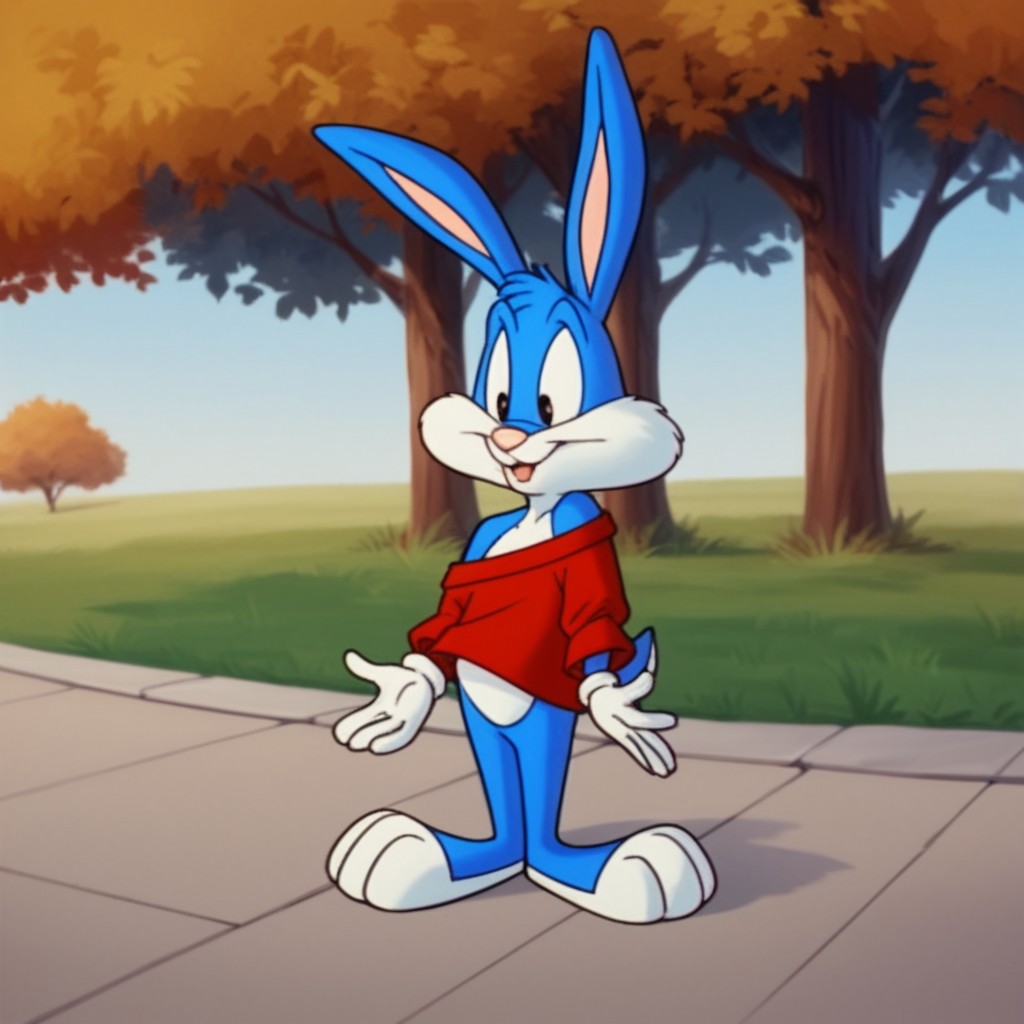 score_9, score_8_up, score_7_up, score_6_up, score_5_up, score_4_up, source_furry, bustertta, anthro, male, bunny, blue fur, red shirt, white gloves, in a park, full body, off shoulder