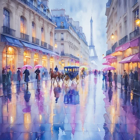 <lora:WatercolorSDXL2:1> ArsMJStyle, Watercolor, A bustling Parisian boulevard on a rainy evening. Gas lamps glow, their light reflecting in puddles on the wet cobblestones. Figures with umbrellas hurry past, their forms blurred and indistinct. Horse-drawn carriages splash through the streets, creating a symphony of motion and shimmering reflections.