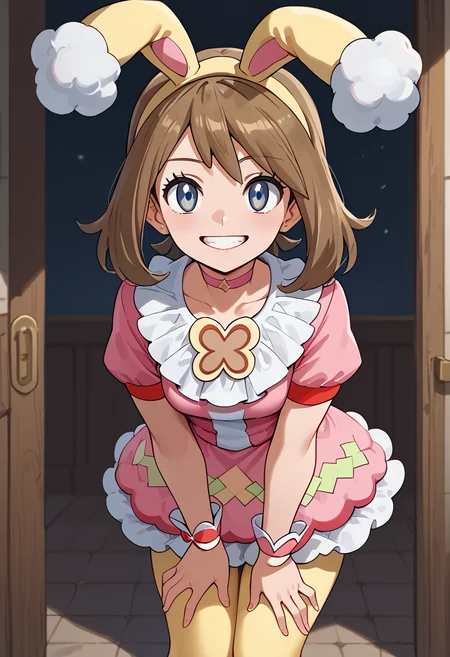 Leaning forward with hands on thighs, looking at viewer, smile, <lora:MayORASPony:1> May_Spr, medium hair, brown hair, yellow hairband, fake animal ears, blue eyes, pink choker, frilled collar, pink dress, short sleeves, wrist cuffs, yellow pantyhose,, score_9, score_8_up, score_7_up, score_6_up, score_5_up, score_4_up,
