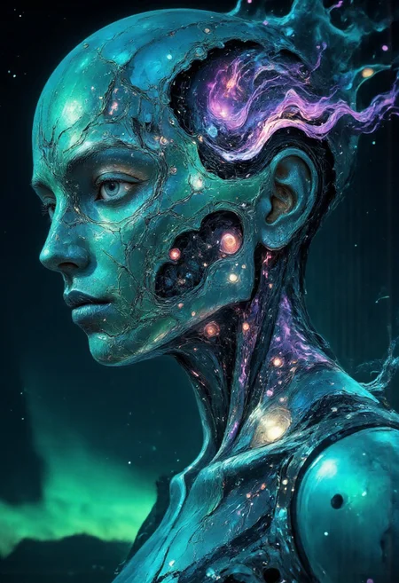Capture an intimate, close-up portrait of an "Aurora Borealis Cyborg," a breathtaking fusion of human form and celestial light. Her face is adorned with sleek, semi-transparent panels that shimmer like the night sky, their edges glowing with hues of green, purple, and blue that ripple and shift, mimicking the natural dance of the aurora borealis. Embedded within her metallic features are fluid, glowing pathways, their vibrant light coursing like streams of energy through her cybernetic frame. Her eyes radiate a soft, otherworldly glow, reflecting the vibrant colors around her.
Her attire is a flowing design of smooth, iridescent materials that seem to ripple with the same dynamic energy, blending seamlessly with her cybernetic components. The background is a vast expanse of stars and swirling auroral lights, softly blurred to create depth and focus on her figure. Subtle beams of light cut through the composition, refracting across her surfaces and casting faint halos. Tiny motes of glowing particles float around her, creating a cosmic ambiance. The mood is serene and majestic, embodying the fusion of human ingenuity and the awe-inspiring beauty of nature's most ethereal phenomenon.