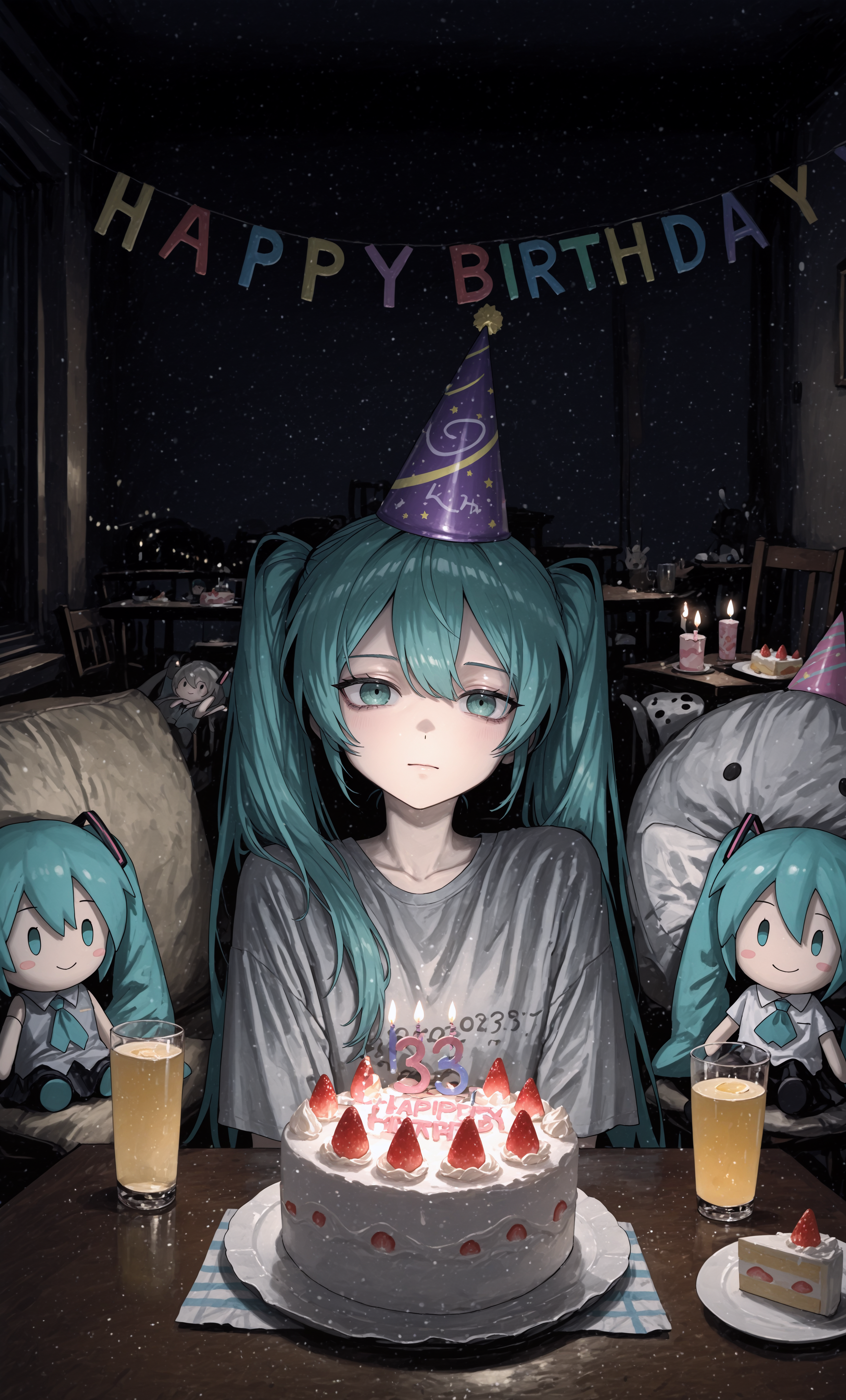 masterpiece, best quality,high quality, newest, highres,absurdres,  traditional media,  SakiikaStyle, 1girl, food, twintails, cake, solo, hat, long hair, birthday cake, v, shirt, character doll, cup, party hat, dark, aqua hair, looking at viewer, drinking glass, table, white shirt, fruit, green eyes, candle, aqua eyes, short sleeves, closed mouth, happy birthday, grey shirt, expressionless, upper body, stuffed toy <lora:SakiikaStyle_IL:1>