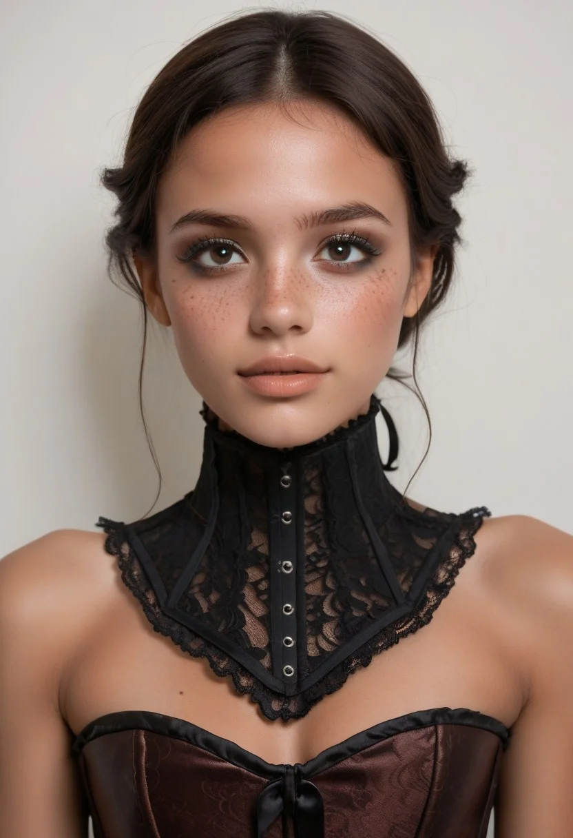 score_9, score_8_up, score_7_up, 1girl, 18 years old, pretty girl, blushing, shy, (petite), huge round eyes, looking at viewer, beautiful hair, cute, happy, ecstatic, medium breasts, athletic, (body freckles), dark eye shadow, real skin, tan skin freckles, mole, toned, parted lips, aroused, looking at viewer, innocent look, adorable face, pouty lips, intense stair, focus on breasts, breasts visible, after a long day of school, cute petite, cute, innocent, low lights, godrays, (smokey makeup),
(NeckCorset, lace neck corset, covered chest:1.4)