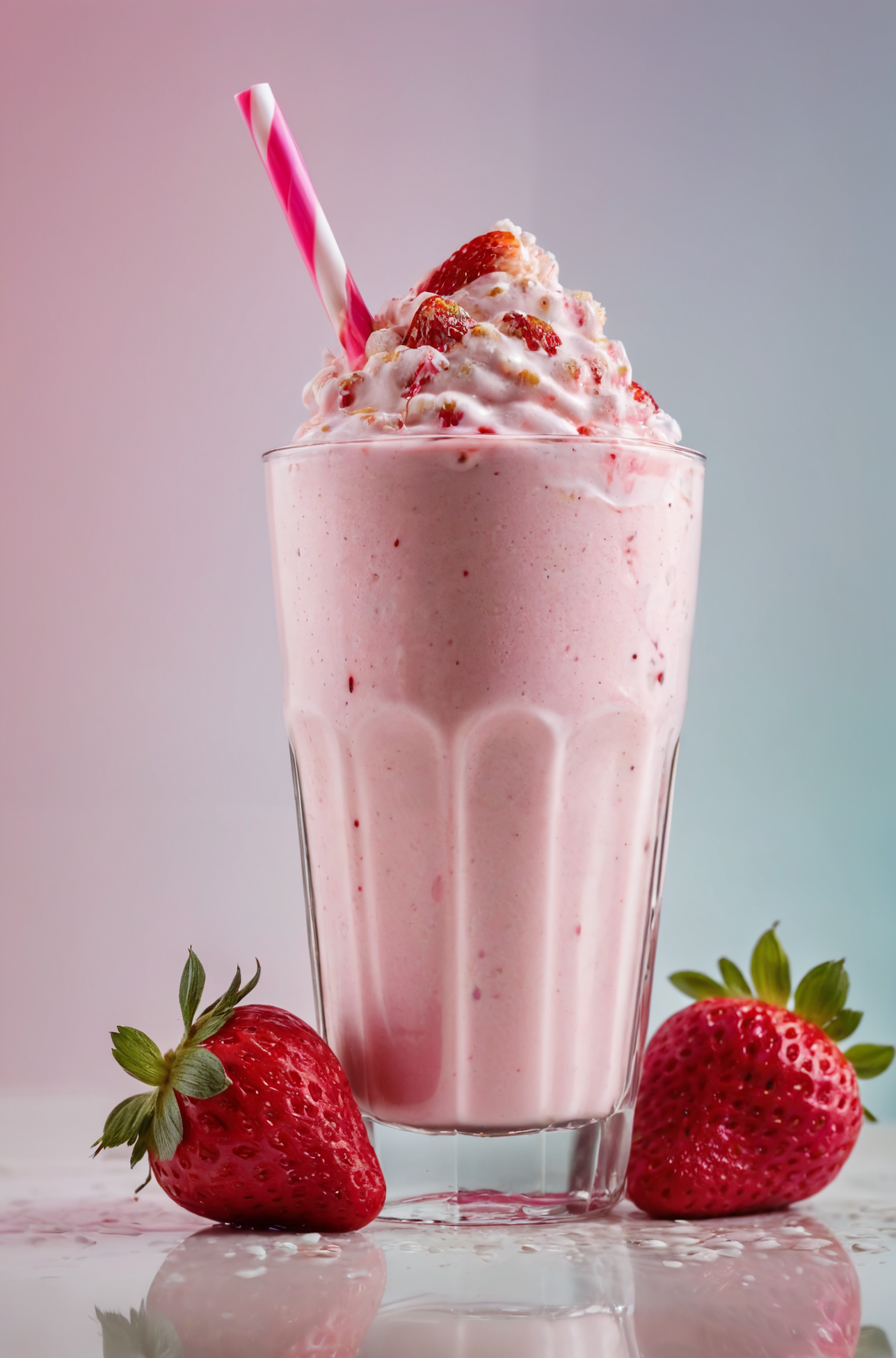 Professional photography, a delicious strawberry milkshake with a straw, food photography, reflective materials, specular highlights, caustics, vibrant popping colors, creative color usage, macro detail on strawberry with moisture, hyperdetailed, intricate reflections, instagram, Fujifilm XT3, high contrast, DSLR, deep darks, award winning, HDR10 