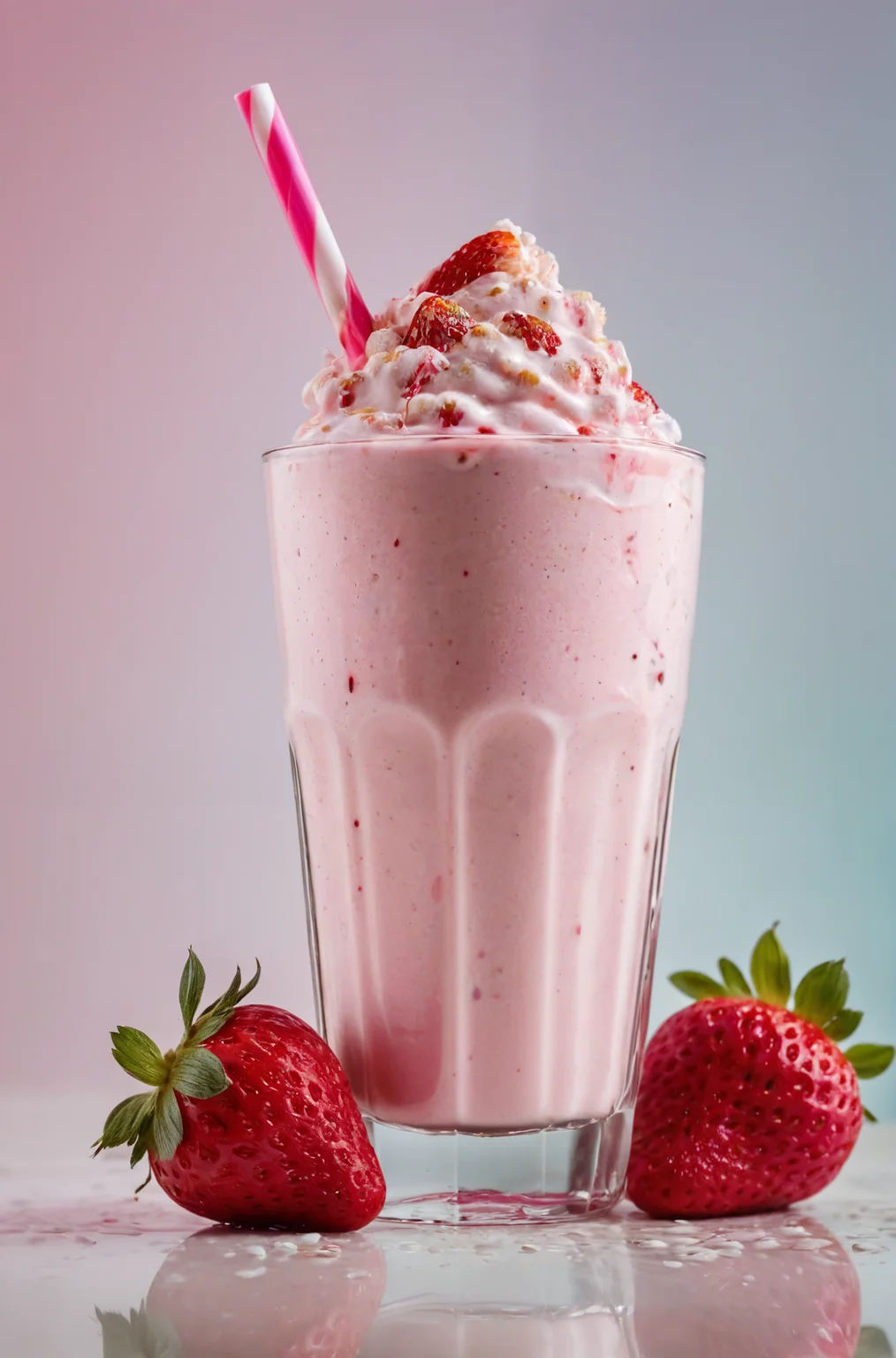 Professional photography, a delicious strawberry milkshake with a straw, food photography, reflective materials, specular highlights, caustics, vibrant popping colors, creative color usage, macro detail on strawberry with moisture, hyperdetailed, intricate reflections, instagram, Fujifilm XT3, high contrast, DSLR, deep darks, award winning, HDR10 