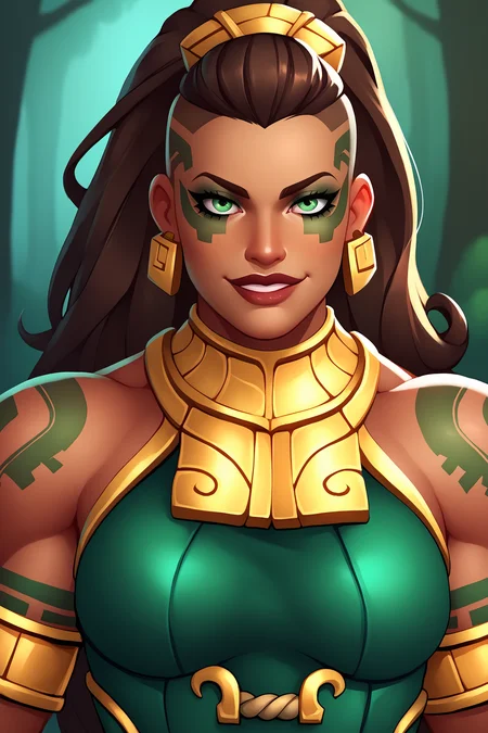 score_9, score_8_up, score_7_up, score_6_up, BREAK, IllaoiLoLXL, dark skin, colored skin, facial tattoo, tattoo, green eyes, brown hair, long hair, hair pulled back, dreadlocks, ponytail, hair ornament, earrings, muscular female, medium breasts, gold armor, bare shoulders, green dress, bracelet, solo, front view, (portrair, upper body), solo focus, seductive smile, looking at viewer, forest <lora:IllaoiLoLXL:1>