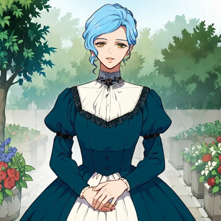 score_9, score_8_up, score_7_up, 1girl, solo, long sleeves, juliet sleeves, puffy sleeves, dress, blue hair, breast, Empmedea, outside, garden, yellow eyes,