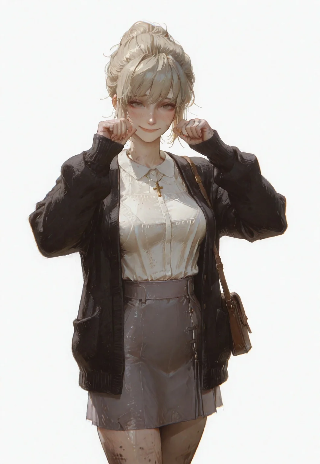 masterpiece,best quality,amazing quality, absurdres, volumetric lighting, chromatic aberration, 4k, intricate details,
1girl, solo, slender body, (medium breasts), kate, short hair, dirty blonde hair, hair bun, hazel eyes, cross necklace, (dark wool) cardigan, blouse, (grey) skirt, (white) sneakers, satchel, looking at viewer, standing, cowboy shot, shy pose, sexy pose, shy smile, dynamic pose, plain white background, celshaded cannedmos, 69yottea_style_illu, 7481llu, lineart,