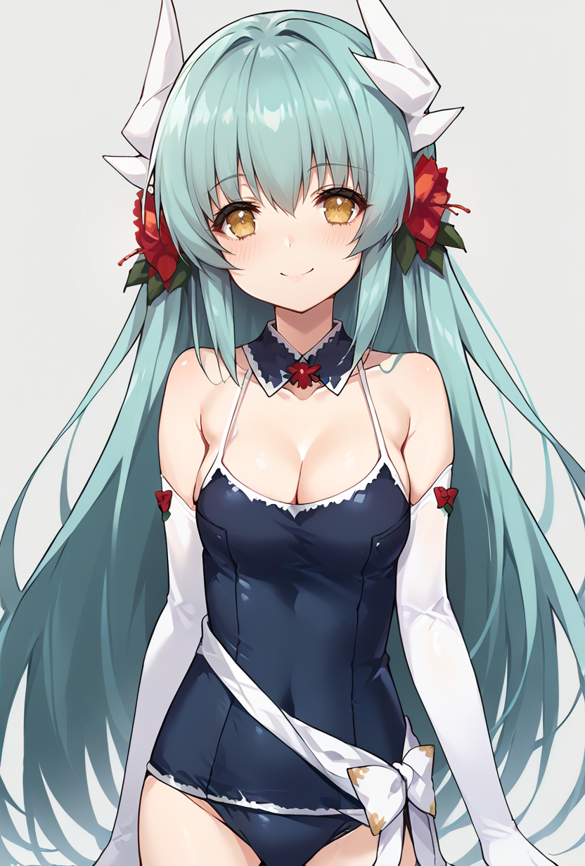 score_9,score_7_up <lora:kiyohime_(lancer)_XL_1:1>  bbkiyo, long hair, aqua hair, white horns, hair flower, red flower, yellow eyes, detached collar, cleavage, school swimsuit, blue one-piece swimsuit, elbow gloves, white gloves, sash, blush, smile, <lora:kincora-Style-PonyXL-Dora-000027:1>
