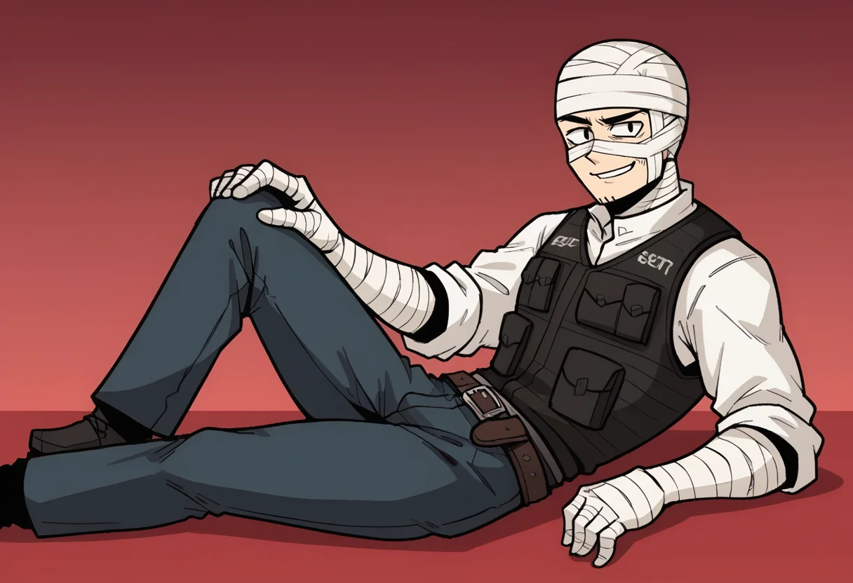 score_9, score_8_up, score_7_up, 1boy, solo, ss-J0shGrm, bandages, bandage headwrap, bandaged hands, bulletproof vest, white shirt, pants, belt,
laying, relaxed, from side, knee up, looking at viewer, elbow support, smile,
<lora:Joshua_Graham_OutfitCharacter_-_Fallout_New_Vegas:0.7>, <lora:Tokafan_artist_style:0.9> tokafan, red background, 2D, gradient,
