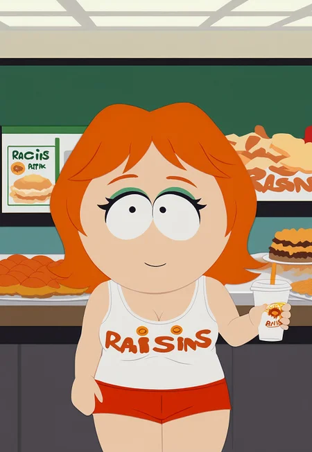safe_pos, score_9, raisins uniform, clothes writing,
solo, 1girl, short shorts, orange shorts, white tank top, breasts, makeup, smile, orange hair, chibi, south park, restaurant, food,
SPstyle, source_cartoon, 2D