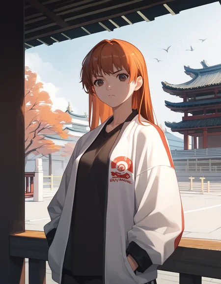 score_9,  score_8_up, score_7_up, source_anime
<lora:kasumi-v1-ponyxl-000015:1> kasfg, brown eyes, brown hair, orange hair, streetwear,
1girl, solo, kunai, serious, east asian architecture