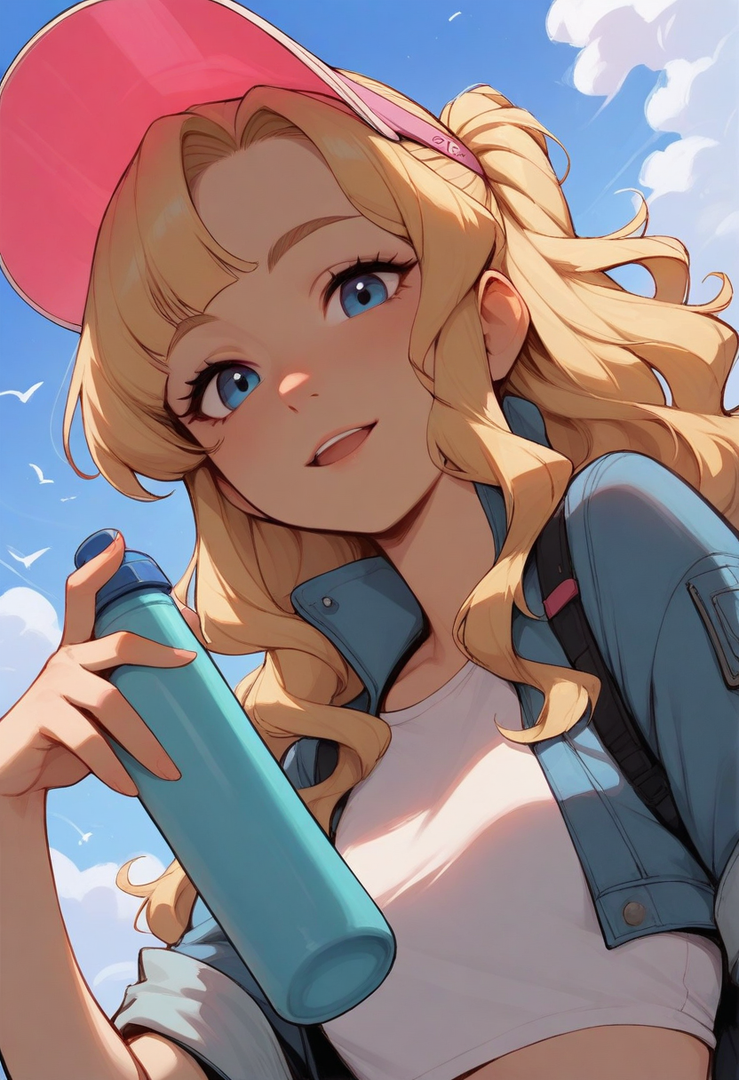 masterpiece, best quality, stylized, 1girl, solo, blonde hair, wavy hair, half updo, sidelocks, choppy bangs, blue eyes, light smile, open mouth, looking at viewer, hand up, holding bottle, aqua thermos, visor cap, pink cap, transparent cap, t-shirt, white shirt, cropped jacket, denim jacket, black backpack, upper body, from below, dutch angle, blue sky, day, cloud, bird
